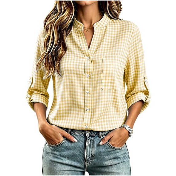 hotojiny Button down Shirts for Women Cute Plaid Long Sleeve Blouse V Neck Rolled up Casual Work Outfits Fall Tops with Pocket(Yellow,X-Large)