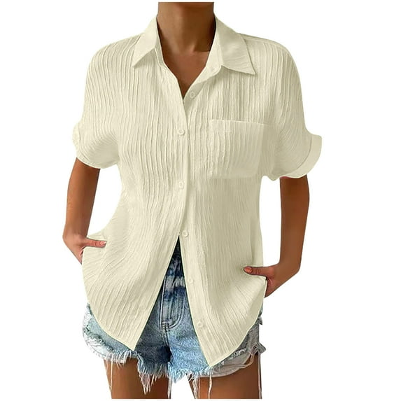hotojiny Button down Shirts for Women Solid Color Loose Textured Rolled Short Sleeve Tops Summer Beach Vaction Collar Lightweight Tee with Pocket