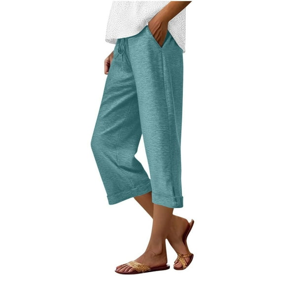 hotojiny Capri Sweatpants Women Drawstring Rolled up Cropped Trousers Loose Fit Wide Leg Elastic Waist Capris Pant with Pockets