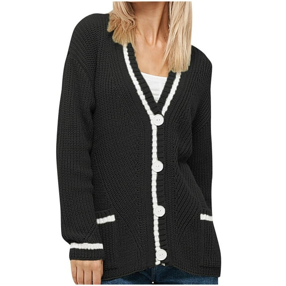 hotojiny Cardigan Sweaters for Women Fall Button down V Neck Long Sleeve Lightweight Knit Outerwear with Pocket
