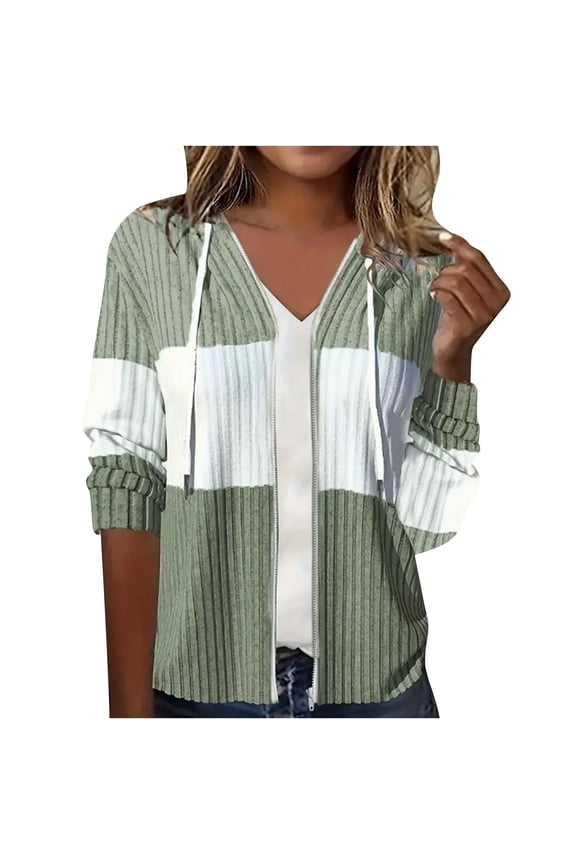 Cardigan Sweaters for Women Lightweight Full Zip Color Block Hooded Jackets Casual Loose Ribbed Knit Fall Winter Coat