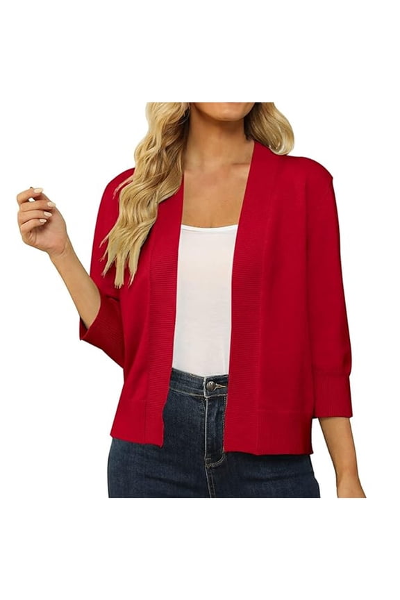 Cardigan for Women Lightweight Loose Open Front Short Knit Sweaters Shawls 3/4 Sleeve Solid Color Shirts