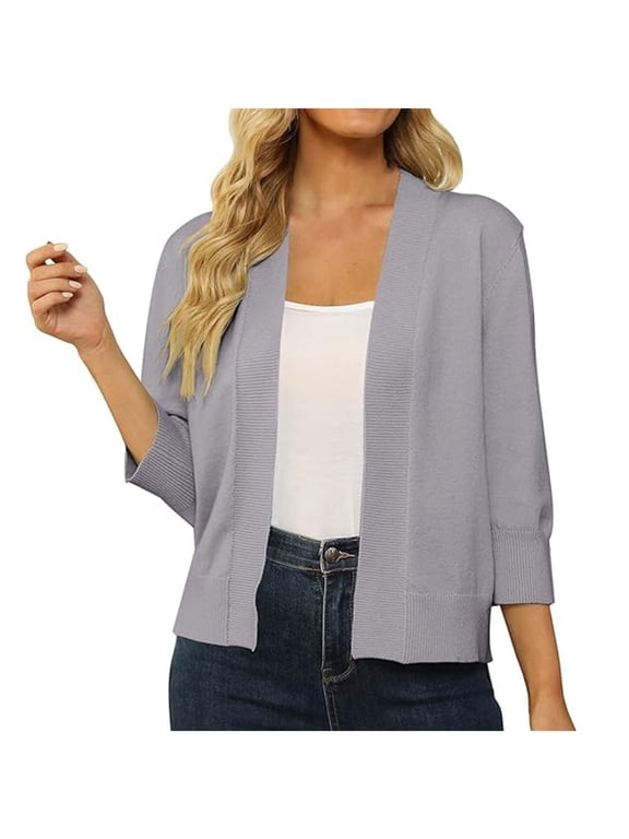 Cardigan for Women Lightweight Loose Open Front Short Knit Sweaters Shawls 3/4 Sleeve Solid Color Shirts