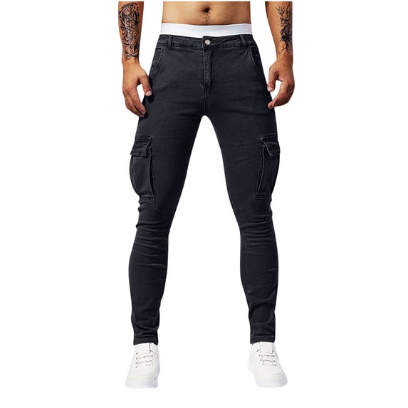 hotojiny Cargo Jeans Pants for Men Fall Fashion Slim Fit Comfy Stretch Denim Pants Casual Skinny Tapered Leg Jeans