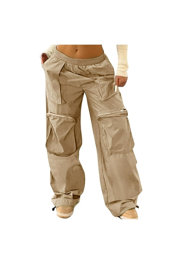 Cargo Pants Women Baggy Wide Leg Casual Pants for Outdoor Travel Lightweight Low Waist Trousers with Zipper Pockets