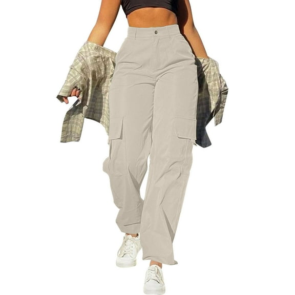 hotojiny Cargo Pants for Women High Waisted Button Casual Trousers Baggy Stretchy Wide Leg Streetwear with Pockets