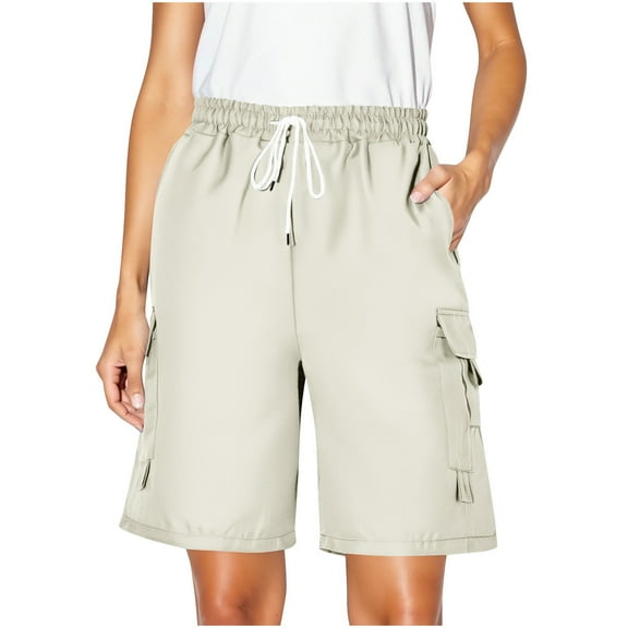 hotojiny Cargo Shorts Women Bermuda Knee Length Hiking Shorts with Pockets Drawstring Elastic Waist Summer Casual Trendy Outfits