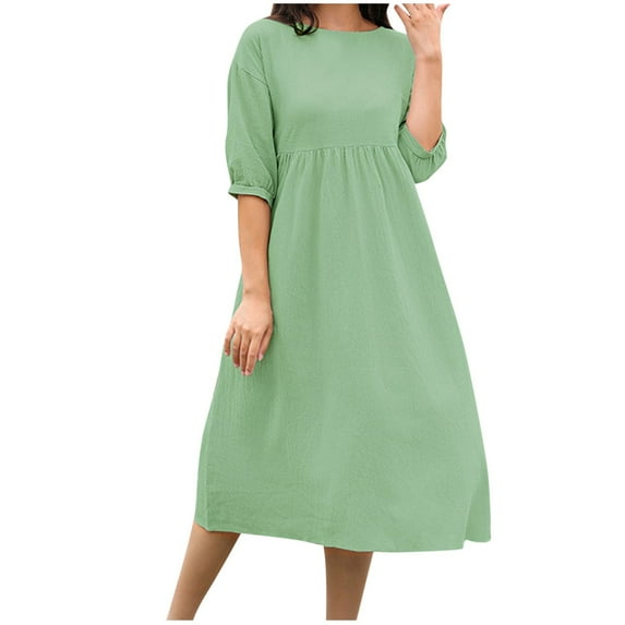 hotojiny Casual Dresses for Women Cotton Linen Short Sleeve Loose Long Dress Crew Neck Flowy Midi Beach Dresses