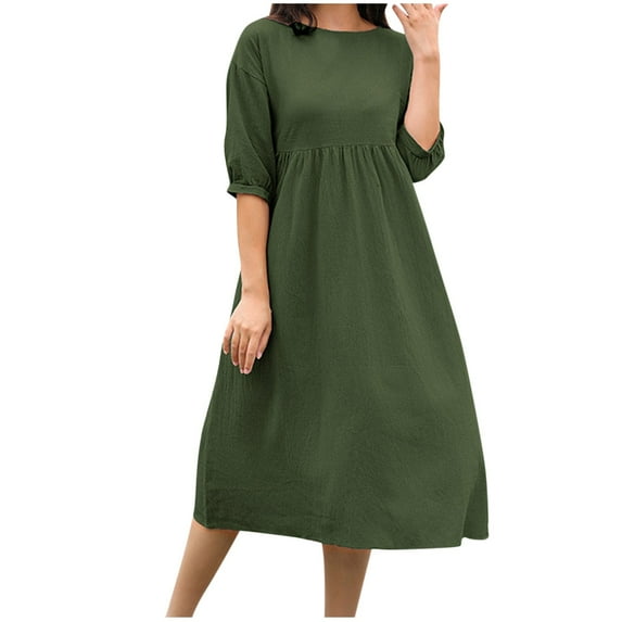 hotojiny Casual Dresses for Women Cotton Linen Short Sleeve Loose Long Dress Crew Neck Flowy Midi Beach Dresses