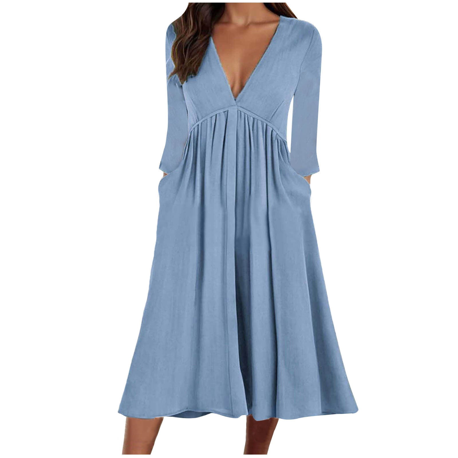 Women's Casual Linen Maxi Dress with V-Neck and Pockets main image 0