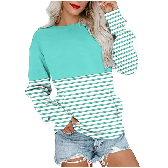 hotojiny Casual Sweatshirt for Women Long Sleeve Loose Crew Neck Pullover Tops Fall Fashion Striped Shirts with Pocket