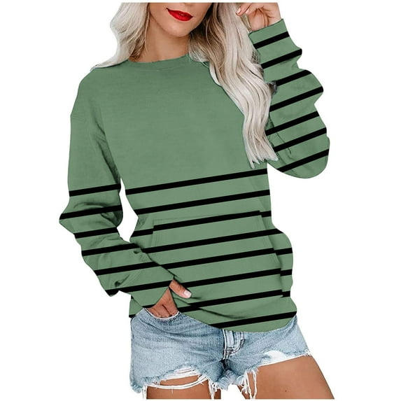 hotojiny Casual Sweatshirt for Women Long Sleeve Loose Crew Neck Pullover Tops Fall Fashion Striped Shirts with Pocket