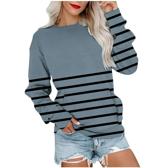 hotojiny Casual Sweatshirt for Women Long Sleeve Loose Crew Neck Pullover Tops Fall Fashion Striped Shirts with Pocket
