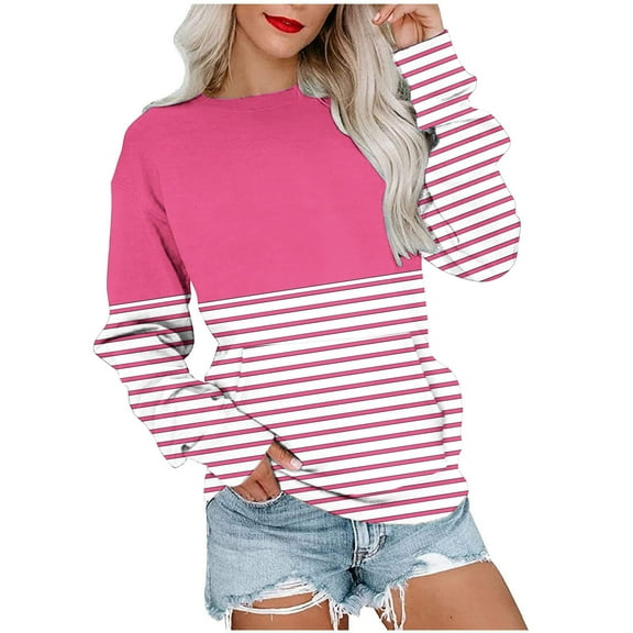 hotojiny Casual Sweatshirt for Women Long Sleeve Loose Crew Neck Pullover Tops Fall Fashion Striped Shirts with Pocket