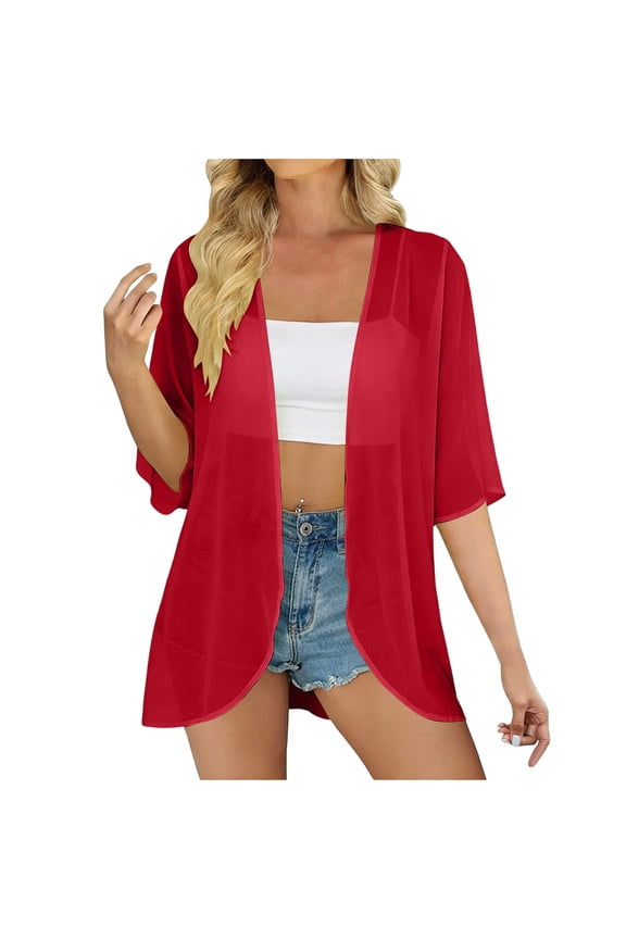 Chiffon Cardigan for Women See Through Breathable Beach Cover up Lightweight Half Sleeve Open Front Summer Cardigan
