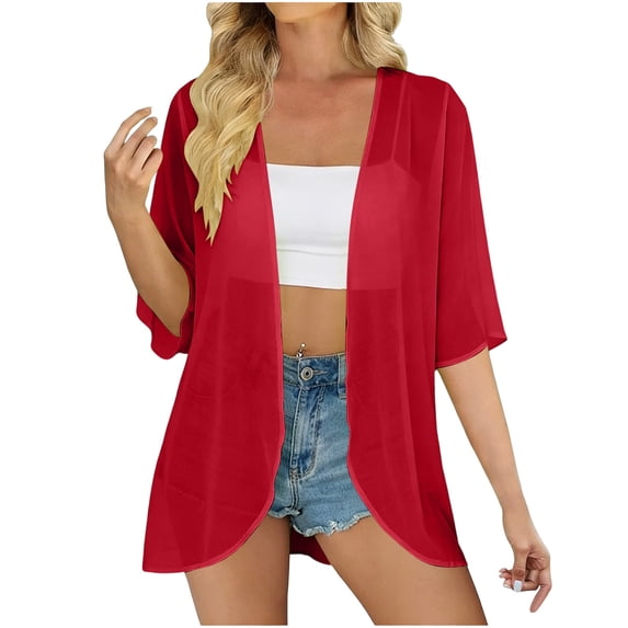 hotojiny Chiffon Cardigan for Women See Through Breathable Beach Cover up Lightweight Half Sleeve Open Front Summer Cardigan