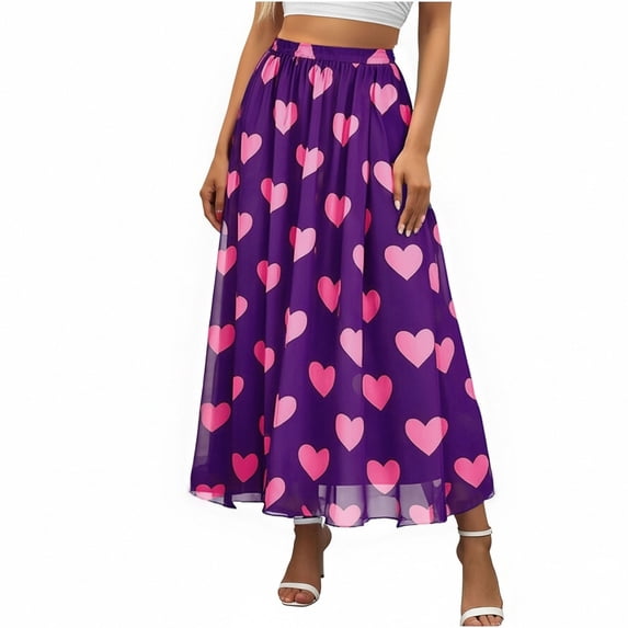 hotojiny Chiffon Skirts for Women Elastic High Waist Mesh Casual Midi Skirts Fashion Valentine's Day Heart A-Line Long Skirts
