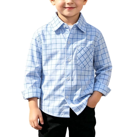 hotojiny Children Girls Boys Plaid Shirt Kids Long Sleeve Fall Blouse Fashion Button down Collared Top for Spring Fall(Light Blue,4-5 Years)