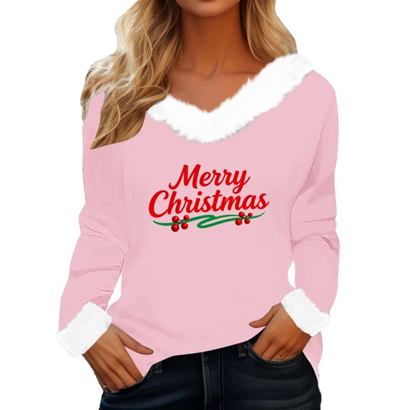 hotojiny Christmas Long Sleeve Shirt for Women Cute Print Merry Christmas Pullover Lightweight Loose Fuzzy Trim Tops S-XXl