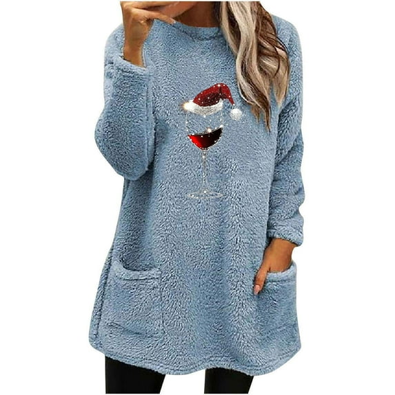 hotojiny Christmas Plush Pajama Top for Women Crew Neck Fleece Pullover Tops Long Sleeve Fuzzy Loungewear for Fall Winter