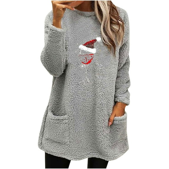 hotojiny Christmas Plush Pajama Top for Women Crew Neck Fleece Pullover Tops Long Sleeve Fuzzy Loungewear for Fall Winter