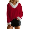 thumbnail image 1 of hotojiny Christmas Shirt for Women Cute Fuzzy Trim V Neck Patchwork Christmas Tee Pullover Long Sleeve Warm Tops, 1 of 7
