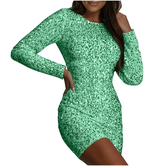 hotojiny Cocktail Dresses for Women Sparkly Long Sleeve Sequins Party Mini Dress Clubwear Trendy Summer Pencil Dress