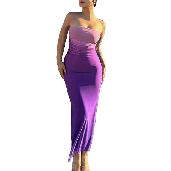 hotojiny Cocktail Dresses for Women Trendy Gradation Bodycon Maxi Party Club Dresses Stylish Strapless Sleeveless Ruched Tube Dresses