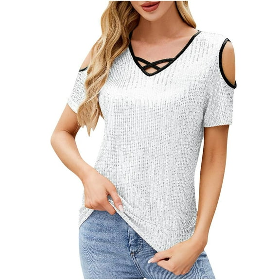 hotojiny Cold Shoulder Tops for Women Sequin Sparkly Hollow out V Neck Shirt Glitter Trendy Short Sleeve Club Outfits for Party Evening