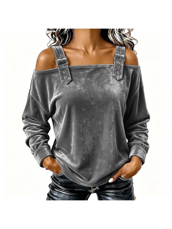 Cold Shoulder Tops for Womens Velvet Long Sleeve off the Shoulder Trendy Blouse Plus Size Tops Daily Wear(Gray,Large)