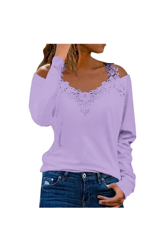 Cold Shoulder Tops for women Casual Long Sleeve V Neck Shirt Trendy Strapless Lace Patchwork Blouse Going Out