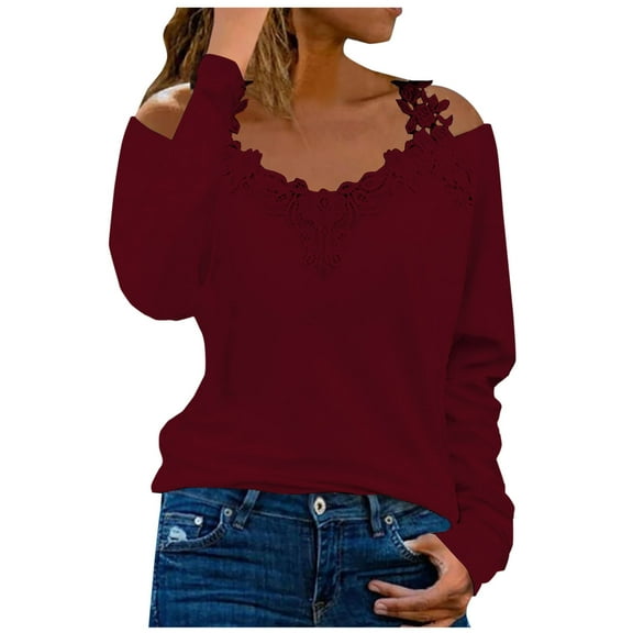 hotojiny Cold Shoulder Tops for women Casual Long Sleeve V Neck Shirt Trendy Strapless Lace Patchwork Blouse Going Out
