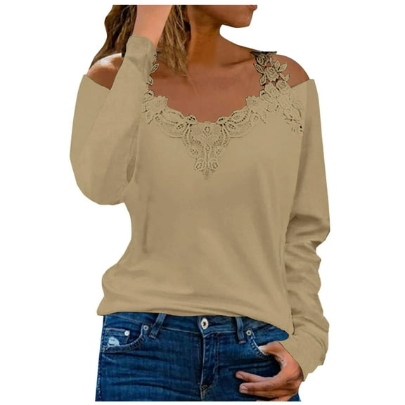 hotojiny Cold Shoulder Tops for women Casual Long Sleeve V Neck Shirt Trendy Strapless Lace Patchwork Blouse Going Out