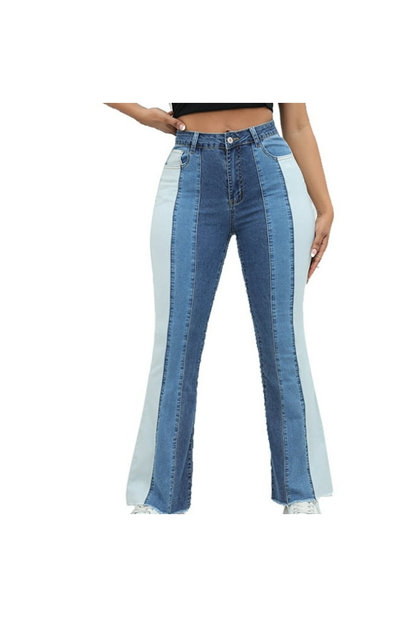 Color Block Flare Jeans for Women High Waisted Patchwork Stretchy Denim Pants Trendy Bell Bottom Frayed Hem Jeans