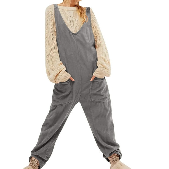 hotojiny Corduroy Overalls for Women Fashion Soft Sleeveless Romper Casual Wide Leg Loose Jumpsuits with Pockets