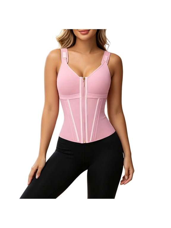 Corset Vest for Women Front Zipper Back Support Body Shaper with Bra Adjustable Shoulder Straps Shapewear(Pink,3X-Large)