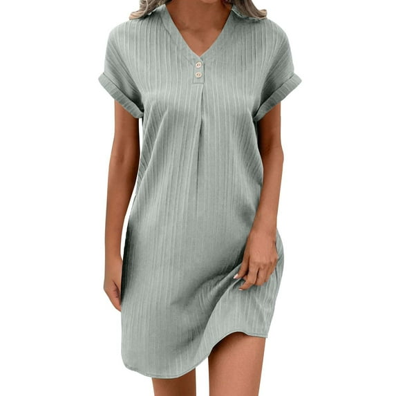 hotojiny Cotton Linen Dresses for Women 2025 Loose Button V Neck Casual T Shirt Dress Solid Rolled Short Sleeve Beach Mini Dresses