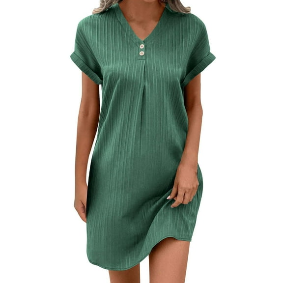hotojiny Cotton Linen Dresses for Women Loose Button V Neck Casual T Shirt Dress Solid Rolled Short Sleeve Beach Mini Dresses