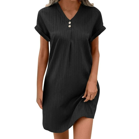 hotojiny Cotton Linen Dresses for Women Loose Button V Neck Casual T Shirt Dress Solid Rolled Short Sleeve Beach Mini Dresses