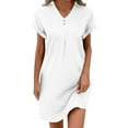 thumbnail image 1 of hotojiny Cotton Linen Dresses for Women Loose Button V Neck Casual T Shirt Dress Solid Rolled Short Sleeve Beach Mini Dresses, 1 of 7