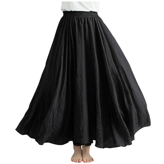 hotojiny Cotton Linen Long Skirts for Women Lounge Summer Beach Vacation Maxi Skirts Casual High Waist Pleated Flowy Skirts
