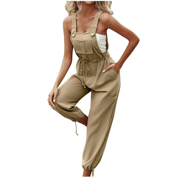 hotojiny Cotton Linen Overalls for Womens Adjustable Straps Button Jumpsuits with Pocket Drawstring Casual Sleeveless Rompers