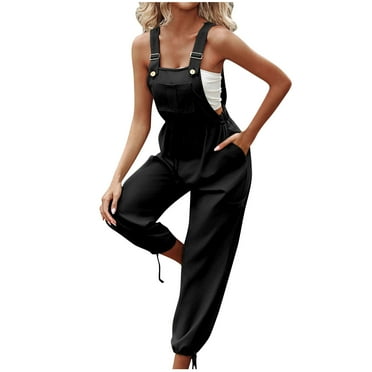 hotojiny Cotton Linen Overalls for Womens Adjustable Straps Button Jumpsuits with Pocket Drawstring Casual Sleeveless Rompers