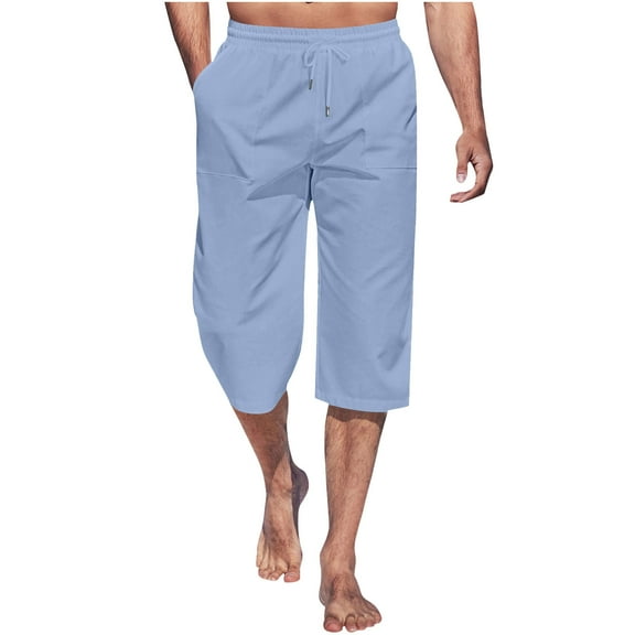 hotojiny Cotton Linen Pants Men Casual Lightweight Summer Beach Capri Pant Classic Elastic Waist Drawstring Yoga Cropped Trouser