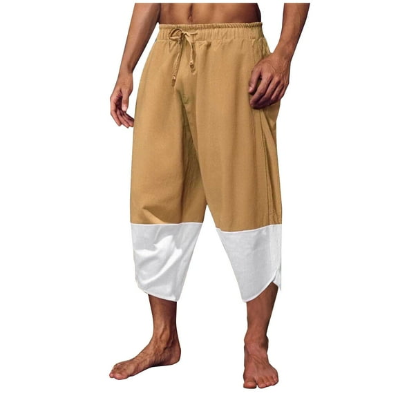 hotojiny Cotton Linen Pants Men Fashion Color Block Harem Capri Pants Baggy Drawstring Beach Yoga Cropped Trousers with Pockets