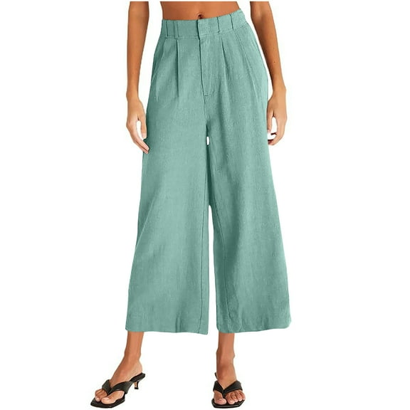 hotojiny Cotton Linen Pants Women Casual High Waist Wide Leg Business Work Pants Summer Comfy Pleated Dressy Trousers Fall Outfit