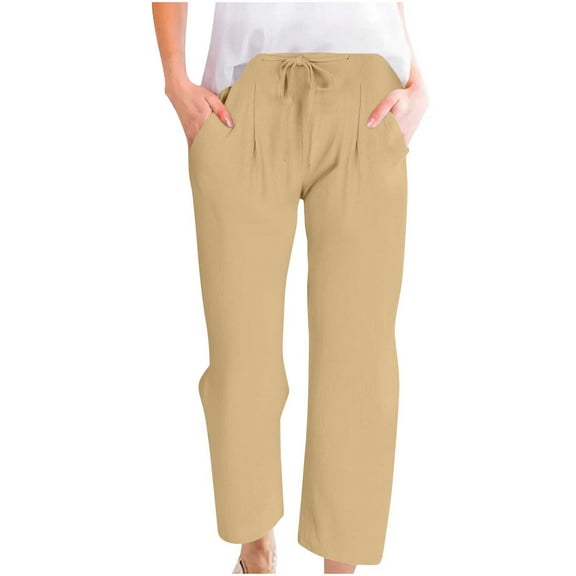 hotojiny Cotton Linen Pants for Women Summer Drawstring Elastic High Waist Casual Trousers Lightweight Straight Leg Beachwear