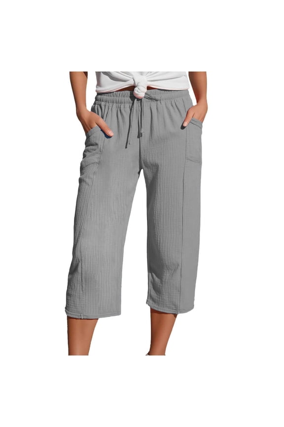 Cotton Linen Pants for Women Casual Drawstring Straight Leg Capri Pants Lightweight Solid Lounge Capris with Pockets