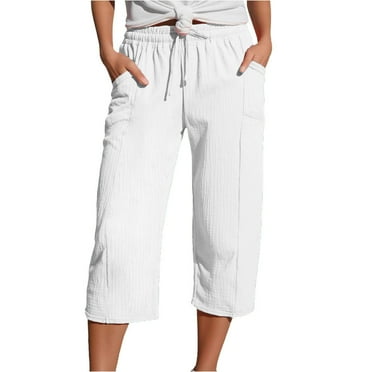 hotojiny Cotton Linen Pants for Women Casual Drawstring Straight Leg Capri Pants Lightweight Solid Lounge Capris with Pockets