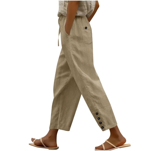 hotojiny Cotton Linen Pants for Women Casual Solid Color Elastic Waisted Beach Pants Pull on Drawstring Baggy Cropped Trousers